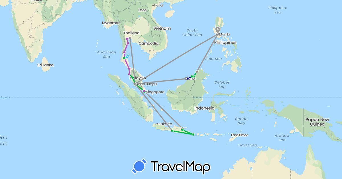 TravelMap itinerary: driving, bus, plane, train, boat in Brunei, Indonesia, Malaysia, Philippines, Singapore, Thailand (Asia)